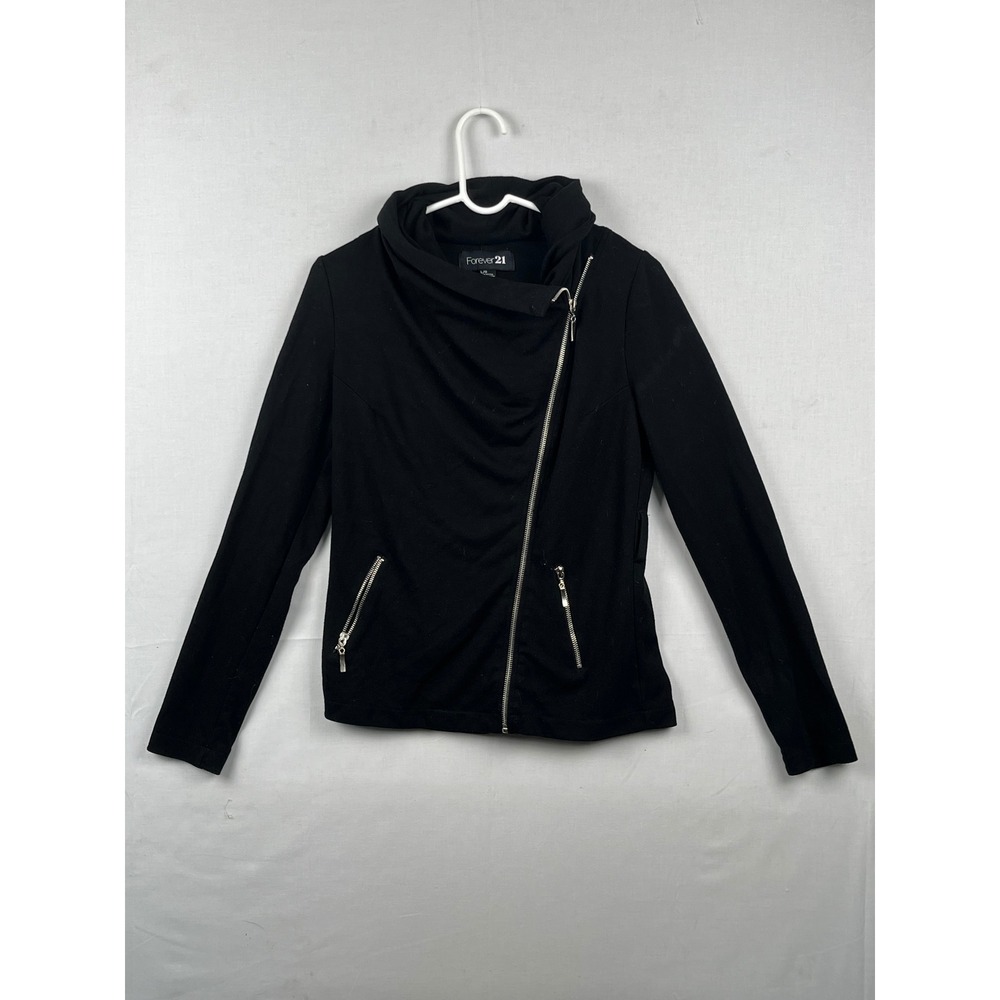 Forever 21 Moto Jacket‎ Womens Large Asymmetrical Zip Cowl Neck Black Knit L